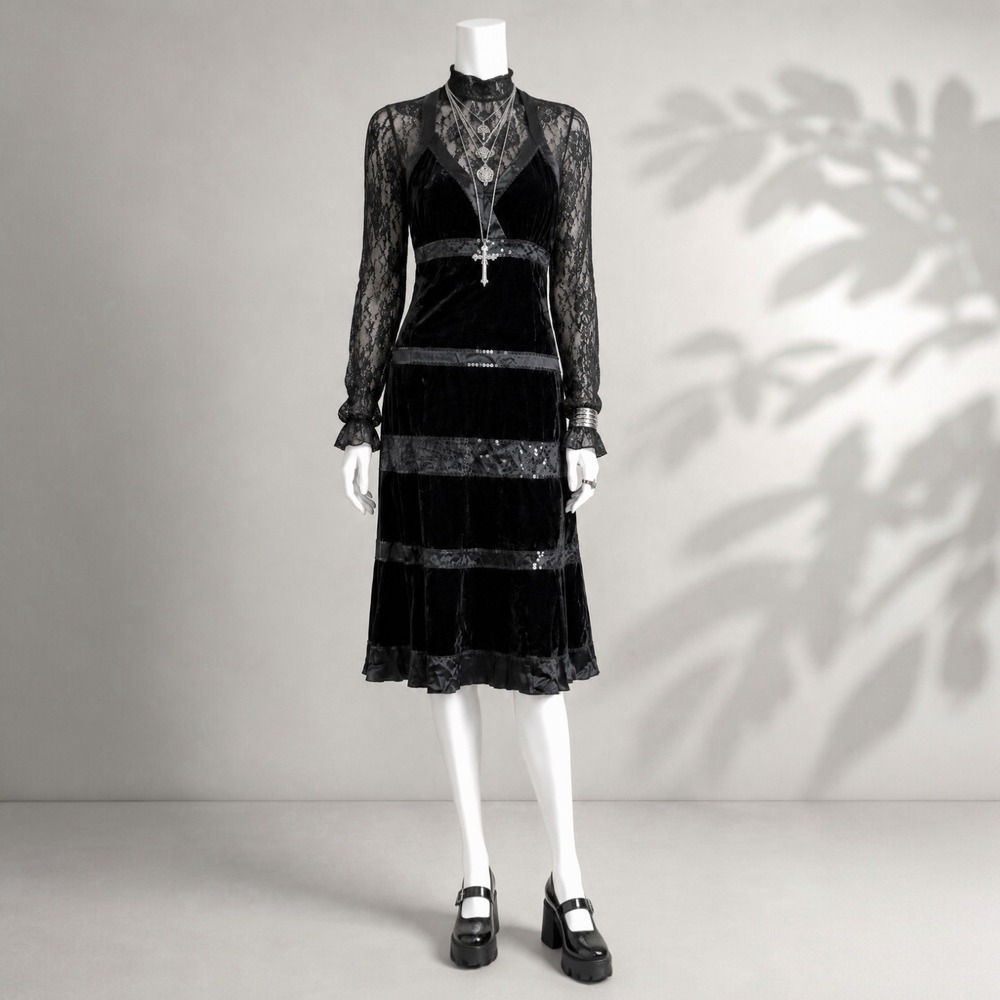 Vintage Y2K Spenser Jeremy Black Velvet Halter Dress L Sequin Whimsigoth Fair
